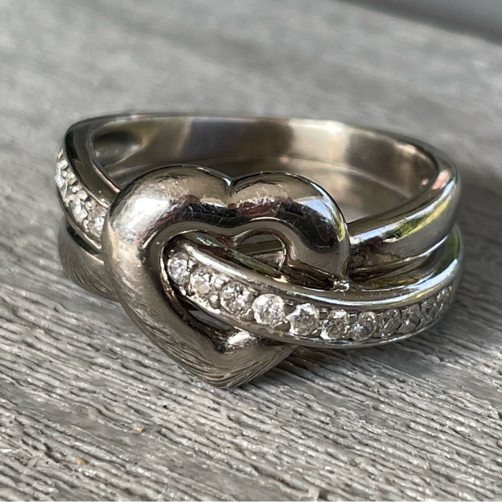 Authentic 14K White Gold Heart Ring with Diamond Accents